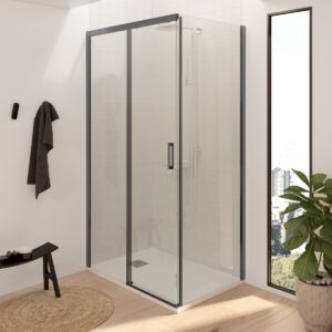 Mampara de ducha rectangular - 1 fijo + puerta corredera + 1 fijo sin perfilería inferior perfilería negra